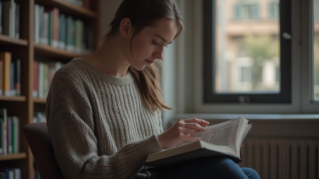 Persoon die geconcentreerd een boek leest aan een rustige hoek van een bibliotheek met natuurlijk licht